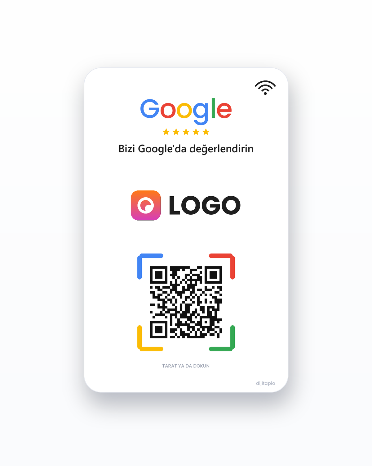 Google Yorum Kartı: Google yazısı ve 5 yıldız, ortada işletme logosu, altta QR kod ve NFC işareti