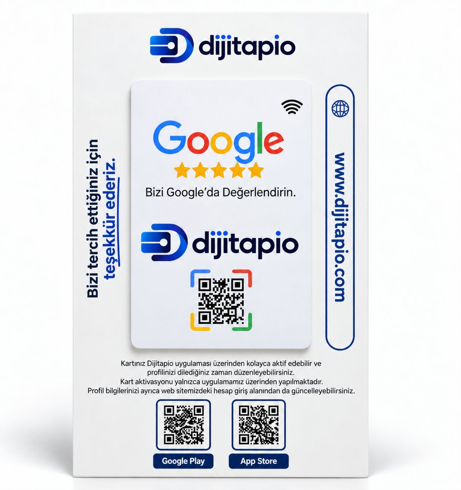 Dijitapio hoş geldin kartı: Google Play ve App Store QR kodları, aktivasyon talimatı