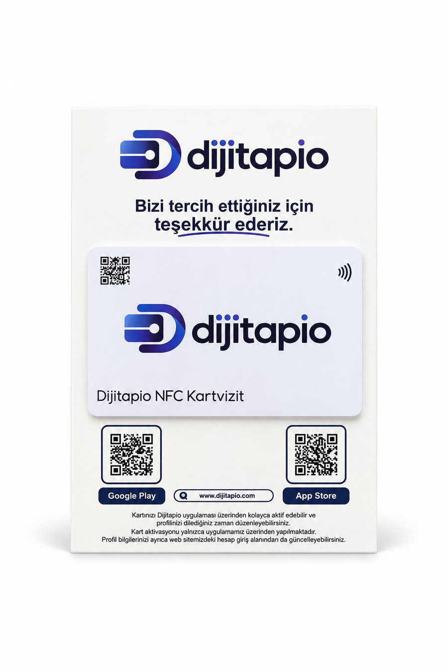 Dijitapio hoş geldin kartı: NFC kartvizit, Google Play ve App Store QR kodları, aktivasyon talimatı