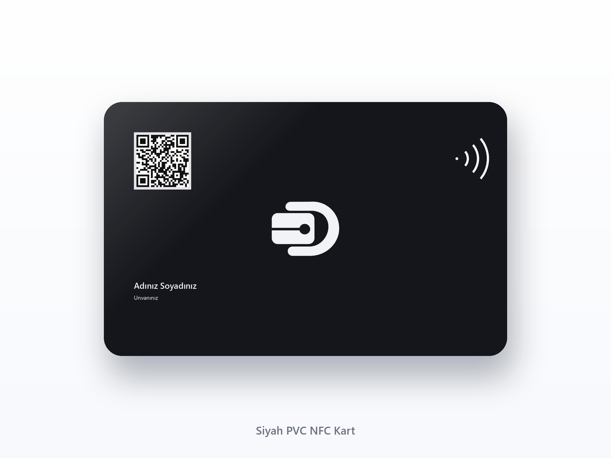 Dijitapio siyah PVC NFC dijital kartvizit: QR kod, NFC işareti ve logo